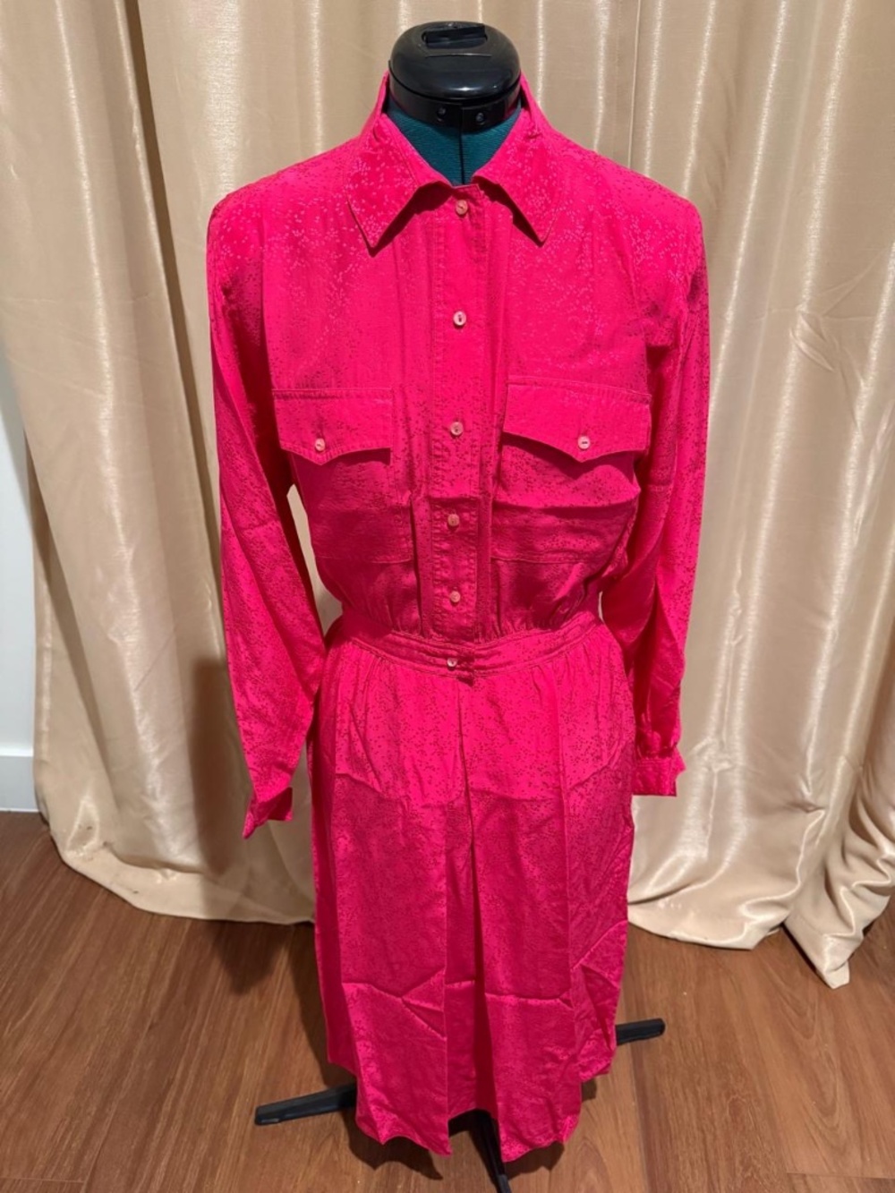 Vintage 80s Maggy London 100% silk Jacquard Shirtwaist Midi Dress Hot Pink Size